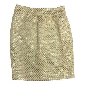 Eci New York Women's Metallic Gold Cream Checkered Shimmer Mini Skirt Size 4
